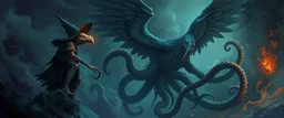 octopus bird witch looks beyond really powerful, fantasy illustration