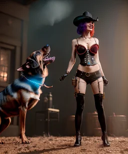 Ultra realistic, steampunk western party scene. Cabaret woman with dogman, waist up view, dancing, happy, color smoke, highly detailed, concept art, unreal engine 5, god rays, ray tracing, RTX, lumen lighting, ultra detail, volumetric lighting, 3d, finely drawn, high definition, high resolution.