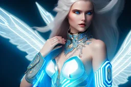 A beautiful portrait of a cute smiling cyber woman with wings, long blond platinum hair, luminous blue eyes, high key lighting, volumetric light high details with blue and white stripes white luminous celtic paterns, beam starry background