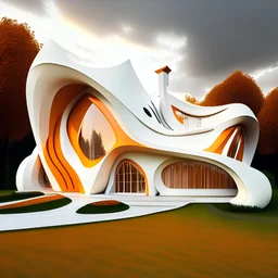 Casa campestre estilo Zaha Hadid obra de arte detallada color blanco crema y naranjado impactante foto realista 8k