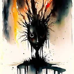 oddball nightmare, the fear of pyromania conceptualized, sound of silence, dread, surreal, sinister, profound, watercolor and ink with fine brush strokes, minimalist, dramatic, macabre atmosphere guided by N(t)=N0​⋅e−kt