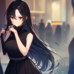 Clear focus,High resolution, black long hair, Vibrant red eyes, Emo style, Black skirt, wearing a black shirt sleeveless, Wearing black and red cutsleeves, Hand near chin