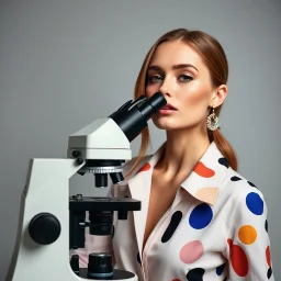 Female fashion model using a microscope.