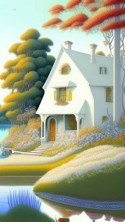 A house made out of white fathers designed in a field of white wild flowers paintings painted by Paul Ranson , Busch painting style, all white, by the lake