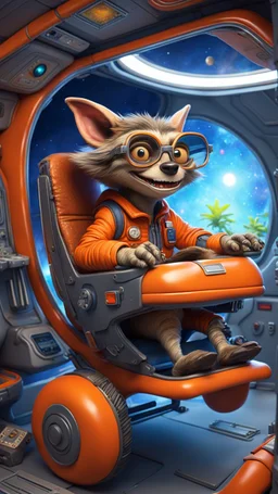 big ass space hairy hi tech alien gremlin orange laughing leather racoon cowboy with glasses in tiny cart chair jumping round in space in a weird living space camper ship driving down weird twisted tube track in space station jungle, spell jammer, Pixar-inspired, expertly crafted in a whimsical and vibrant cartoon style. is masterfully rendered in a lifelike 3D design, which captivates viewers with there irresistible charm. The background is filled with warm, inviting colored stars and a 3D rend