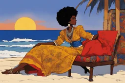 On the deserted shore, a vibrant scene by Hugo Pratt [Corto Maltese's style]. An Afro woman, her skin kissed by the sun, sat regally on castaway furniture, a contrast of vivid colors against the backdrop of the shimmering sea. Her attire was a tapestry of rich hues, each shade telling a story of tradition and heritage. The fabric billowed around her like a living canvas, alive with patterns that danced in the ocean breeze.In her hand, she held a voodoo cigar, its smoke curling up in intricate pa