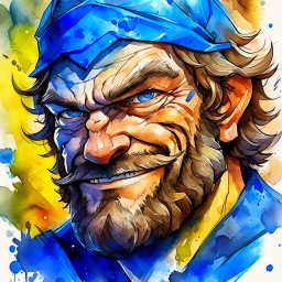dnd, fantasy, watercolour, large strokes, stylistic, portrait, illustration, dull colours, male, face, sturdy wide face, weathered face, sly, violent, evil, smiling