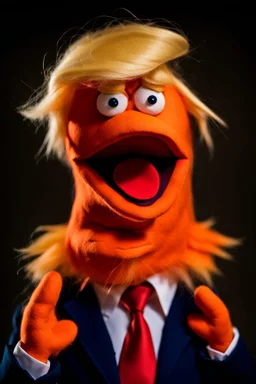 a Film Photograph of a realistic angry orange Donald J. Trump Muppet made of felt and fur wearing a dark blue suit and red tie and with blonde hair combover, he is old and angry with a small round mouth