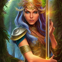 movie poster, A beautiful elf with cutter, pool and letah from elfquest(by Wendy & Richard Pin) with very long hair, in magical lit forest