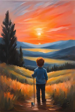 Canvas texture, the scream style, A PEACH FUZZ painting of an amazing landscape picture in gouache, fast minimalistic brushstrokes, an amazing PEACH FUZZ sunset shimmering in bright colors PEACH FUZZ, Rear view of a very small boy with a brush in hand, standing in front of an easel and painting the landscape. Texture of the canvas oil paints