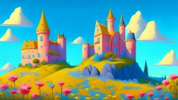 Castle on a hill, Pink walls, orange towers, yellow flowers on the ground, dark blue roof and aqua blue sky, very detailed and realistic