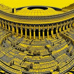 A golden yellow coliseum with fists designed in ancient Egyptian hieroglyphics painted by MC Escher