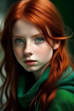 A girl with red hair and green eyes and she is in the world of harry potter