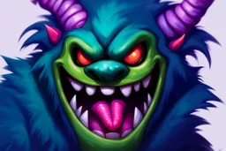 closeup of a smiling monster's face, big teeth, fur, bumps and horns, my pet monster inspiration, urban character design