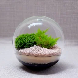 overfilled bonsai terrarium in a glass orb, pebbles, pastel colors, warm lighting, linen backdrop