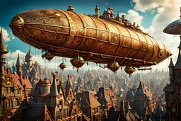 "Imperial Zeppelin" - a steampunk flying zeppelin with many intricate gold filigree, flying over a surrealistic cyberpunk medieval gothic village - ultra high quality, sharp focus, focused, high focus, very sharp, high definition, extremely detailed, hyperrealistic, intricate, fantastic view, very attractive, fantasy, imperial colors, colorful