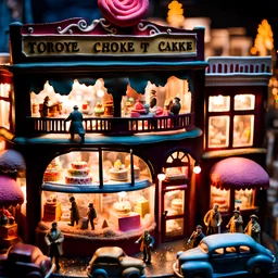 Close-up photograph of a diorama building, city, store, advertising, land-of-toys with detailed vintage toys made of cake-frosting and felt, strong texture, extreme detailed, movie shot, rich moody colors, sparkles, night, nightmare