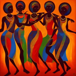 an abstract painting with figures of three African women dancing