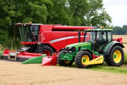 Parked at the edge of a field is a Claas brand Combine(Red) and a John Deere Tractor(Green) with a Vaderstad seeder