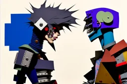 whimsical arafed nonsense, patchwork vibe, (((side view))) two arafed cyberlords fighting each other in a rainy whimsical downtown street with extreme body action and with (((exaggerated body parts))), (((oversize head))), sharp color contrasts, amazing shadows, (((exaggerated limbs and head))), minimal cozy, warm palette, bright bold warm summer colors with yellow orange black colors, color leak, heavily distorted views, amazing parallels, extreme urban decay