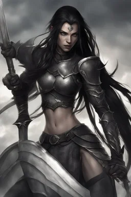 SA female elf with skin the color of storm clouds, deep grey, stands ready for battle. Her long black hair flows behind her like a shadow, while her eyes gleam with a fierce silver light. Despite the grim set of her mouth, there's a undeniable beauty in her fierce countenance. She's been in a fight, evidenced by the ragged state of her leather armor and the red cape that's seen better days, edges frayed and torn. In her hands, she grips two daggers, add dark shadow mystic purple flames