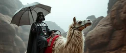 dart vader riding lama with umbrella