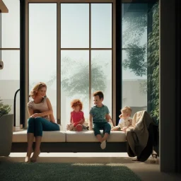 Retro family in a futuristic house, futuristic city in the window. Cinematic lighting, 8k, ultra detail, realistic photo,