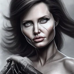 portrait head Angelina Jolie black long hairs big bobs Tomb Raider