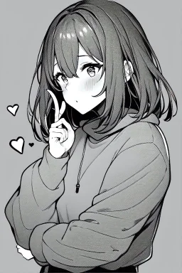 girl dressed in a loose sweatshirt and with one hand resting on her heart, line arts, greyscale