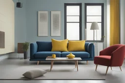 a modern simple style living room,a blue sofa,a red tablet ,a yellow chair