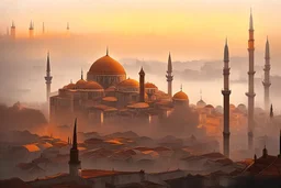 Bird's-eye view of Istanbul at sunset, with Hagia Sofia visible, in the twilight, and fog and mist rolling in between the houses. Pastel brown and orange colors, sepia highly detailed digital painting elegant very attractive beautiful award winning fantastic view crisp quality acrylic art