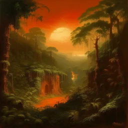 A dark orange colored rainforest with a coliseum painted by Francis Danby