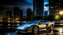 lamborghini diablo na tle miasta odbijającymi światłami