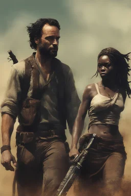 Movie Poster - Andrew Lincoln as "Rick Grimes," Danai Gurira as "Michonne," - The Walking Dead - in the art style of Frank Frazetta