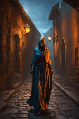 The ancient undead female Shadow of Death walking the streets of a medieval city. Horror setting. fantasy art, blue and orange, gold, silver, copper, marble Cinematic lighting, Volumetric lighting, Epic composition, Photorealism, Very high detail, Character design, Unreal Engine, Octane render, HDR, Subsurface scattering