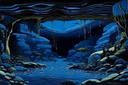 A dark blue underwater cavern designed in Navajo woven art painted by John Brack