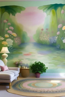Reimagine Claude Monet's iconic water lily pond in Giverny with a mural that captures the essence of impressionist art. Use a dreamy palette of pastel hues to recreate the magical atmosphere of Monet's garden.