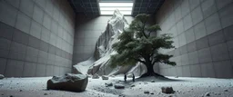 Photograph, a mass of terrain, giant museum space, tree, high walls, high peak in a room, rag, powder, brook, sediments, deflagration of the background, geological formation, light, architecture, minimalist, details of the terrain very accentuated, 8k, deep 3d field, sharp, brutalist, hasselblad h6d400c --ar 85:128 --v 6.0