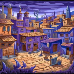 A light purple Day of the Dead themed town designed in Mexican folk art painted by Vincent van Gogh