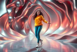 beautiful lady with todays modern clothing and sport shoes, in surreal stage made of 3d fractal random size recursive objects with helical strip colors in clothing similar to environment full body dancing to camera,animating background metallic random color and size recursive objects