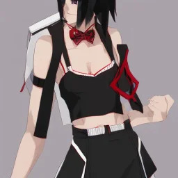 Ryuko Matoi,black skirt,black crop top,suspenders,red tie,red ahoge,