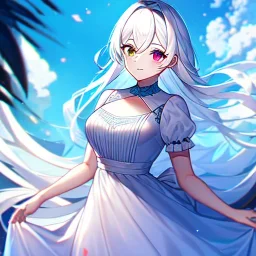 8k, Girl, high quality, detailed, white hair, heterochromia blue and red, beautiful lighting, vibrant colors, dress