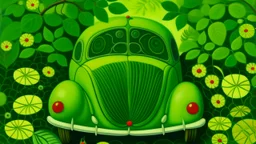 A lime green Bug Veilspun designed in German folk art painted by Henri Rousseau