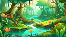 Cartoon illustration for children: Cenozoic swamp, millions of years ago, with towering prehistoric trees and strange ancient plants and flowers