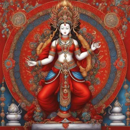 Vajrayogini is a central female deity in Vajrayana Buddhism, especially revered in Tibetan traditions such as the Sakya, Kagyu, and Gelug schools. She is understood as a supreme tantric yidam (meditational deity), embodying enlightened wisdom in its most dynamic and transformative form. Typically depicted as a radiant red dakini, she stands in a dancing posture upon a corpse, symbolizing the transcendence of ego and ignorance. In her right hand she holds a curved knife (kartika), used to cut thr