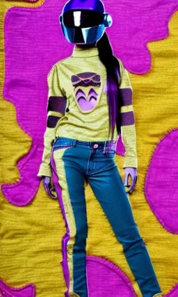 Photo of Asa akira. Camouflage colors are terracotta, cream and purple, lilac and Cream latex, imperial yellow, red plum. Baggy jeans! plant print.European daft punk woman. Mantle is sewed of recycled Denim and sewed together of recycled polymer felt. lace, Yellow(Munsell) areas. hint of orange as effect color!!Big bright purple/khaki felt tippet and cream or blue or lilac colored-hood. mantle is merged with satchel. . AKG-style headphones (gold rings!) is merged with felt cap, cyan small visor.