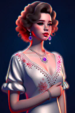 full body woman, from Russian Federation , elegant dress, elegant curled hair , 19 years old ,earring, nice make up,8k, Candid avant garde portrait, charming woman, wearing Lovely Flower Diamond Pendant, octane render 3d, plastic material