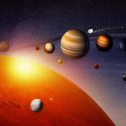 solar system with stars in background, photorealism