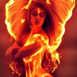 woman made of fire, fire angel, fire clothes, full body portrait, long flowing hair, only wearing bikini made of fire, highly detailed, real life photo, photo quality, extremely detailed, high quality, standing in fire, highly detailed face with makeup