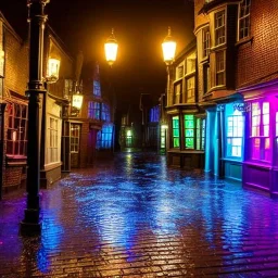 Diagon alley street at night, many houses, wet ground, pole with round light